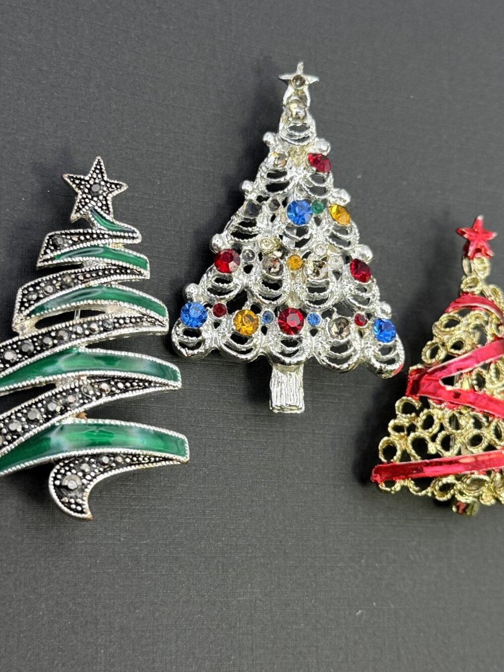 Christmas Tree Brooch Lot of 3 Enamel Rhinestone Holiday Pins Gold Silver Tone